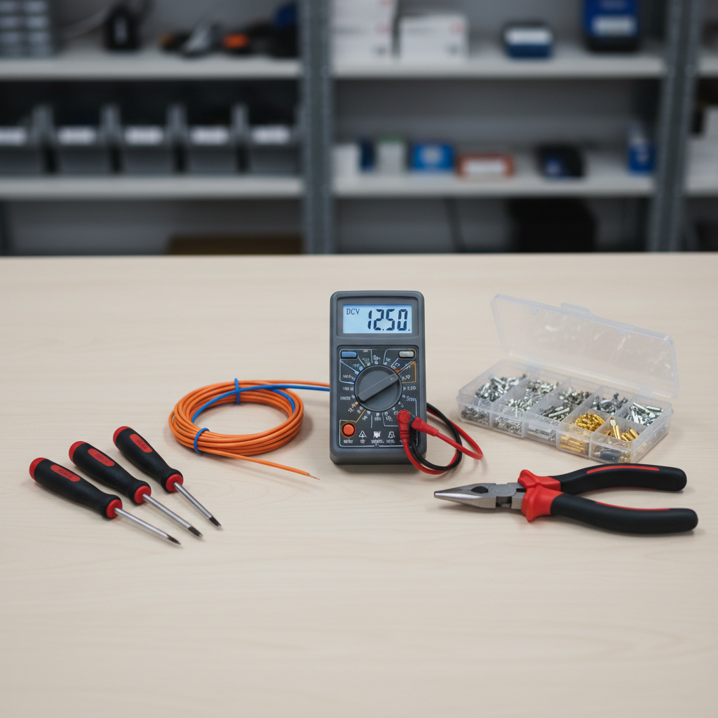 A carefully arranged work surface displaying essential electrical repair materials, including coiled insulated copper wire, precision screwdrivers, a digital multimeter with a clear screen, insulated pliers, and a compact set of terminals and connectors, all in immaculate condition. The tools rest on a smooth, light-wood or neutral laminate tabletop with no clutter, against a softly blurred background of organized shelving. Overhead diffused lighting creates gentle reflections on metal surfaces without harsh glare. Shot from a slightly elevated angle with a shallow depth of field, the composition follows the rule of thirds, drawing the eye to the central cluster of tools. The mood is calm, methodical, and solution-oriented, with a clean, modern, photographic style that suggests expert guidance for both DIY customers and independent workers.