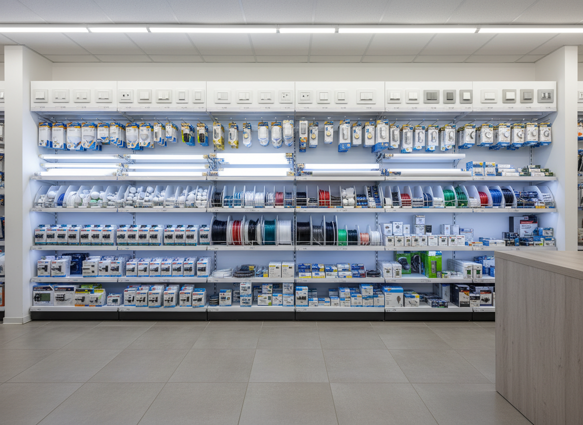 A meticulously organized wall of electrical materials in a modern hardware store, featuring neatly aligned rows of switches, outlets, LED bulbs, rolls of insulated copper wire, and circuit breakers, all in pristine condition. The products are displayed on clean, matte white shelving with subtle metallic brackets, labeled with small, tidy tags. Neutral gray floor tiles and a simple counter with a smooth laminate surface complete the setting. Soft, diffused overhead LED lighting produces even illumination, minimal shadows, and clear legibility of every detail. Shot at eye level with sharp focus from foreground to background, the composition uses clean lines and balanced geometry. The mood is professional, orderly, and trustworthy, with a photographic realism and corporate, clean aesthetic ideal for a main homepage banner of an electrical materials business.