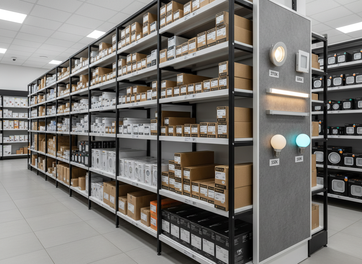 A well-lit shelving bay dedicated to lighting solutions, displaying neatly boxed LED bulbs, linear fixtures, spotlights, and weatherproof exterior luminaires, all arranged by size and type. The shelves are matte white with dark, slim metal uprights, creating a clean grid pattern. A demonstration panel on the side shows a few sample fixtures illuminated in varying color temperatures, from warm white to cool daylight, each labeled clearly. The space is illuminated by balanced, neutral-white ceiling LEDs, ensuring true color representation and minimal shadowing. Captured at a three-quarter angle down the aisle, the composition uses strong leading lines and full depth of field to show order and abundance. The atmosphere is efficient and informative, with a polished, corporate photographic style that communicates product variety and professional guidance in choosing the right lighting for any repair.