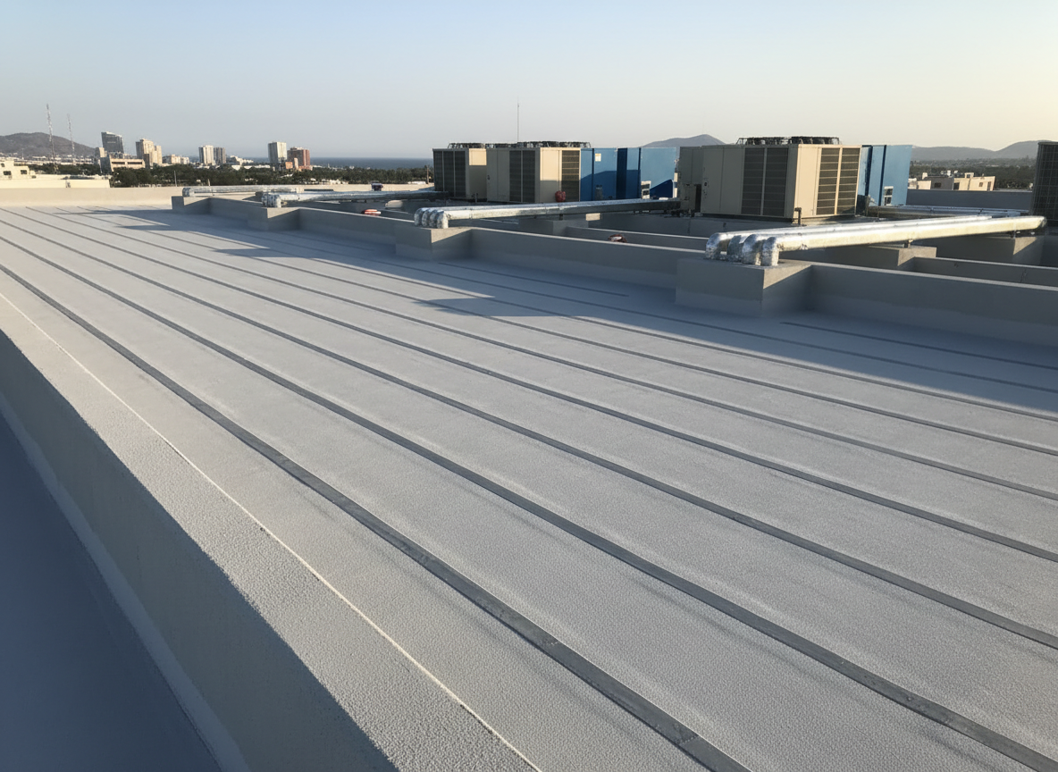 A modern rooftop scene featuring rows of freshly applied light-gray waterproofing membrane with perfectly straight edges, transitioning into a neat arrangement of HVAC units and protected electrical conduits running along low parapet walls. The rooftop surface appears smooth and uniform, with visible texture in the waterproof coating suggesting durability. In the distance, a soft, out-of-focus view of a coastal city hints at Guaymas without showing specific landmarks. Gentle late-afternoon natural light casts long, subtle shadows that emphasize the clean lines and geometry of the installation. Captured from a slightly elevated corner angle, the composition highlights depth and structured layout. The overall mood is secure, long-lasting, and professional, presented in photographic realism with a neutral, corporate-toned palette that reinforces the idea of comprehensive repair and protection.