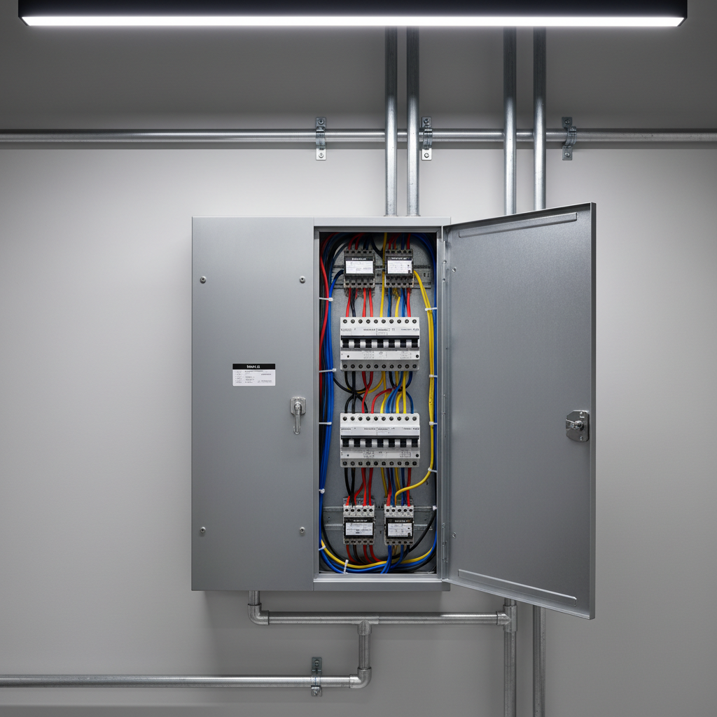 A close-up of a sturdy, industrial-grade electrical breaker panel mounted on a smooth light-gray wall, its metallic surface subtly brushed and free of fingerprints. Inside, perfectly arranged colored cables and labeled breakers are visible behind a slightly open, matte-finish door with a robust handle. The surrounding environment is a clean, well-maintained utility area with neatly routed conduit along the wall. Cool, even LED ceiling lights cast soft, shadowless illumination, highlighting the precision and quality of the installation. Captured from a slightly angled, mid-distance perspective, the image emphasizes depth and structure, with clean lines running vertically and horizontally. The atmosphere is highly professional, safe, and reliable, rendered in crisp photographic realism with a neutral, corporate color palette that communicates technical confidence and order.